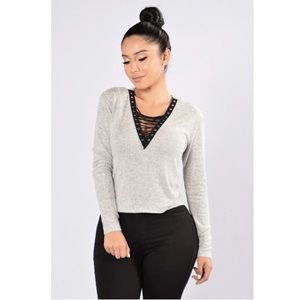 Fashion Nova Gray Lace Up Top